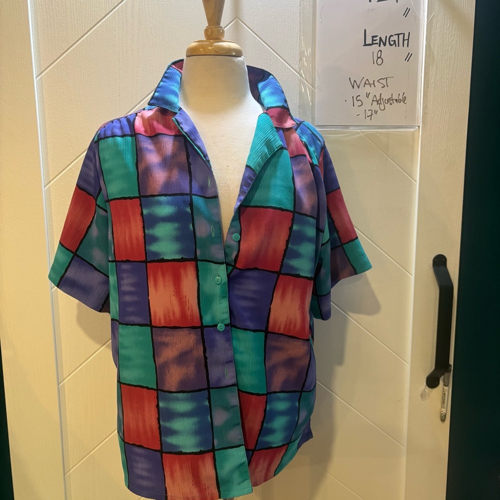 Vintage 90s Colorblock Geometric Abstract Button Down Short Sleeve Blouse Top‎ L - Picture 2 of 8